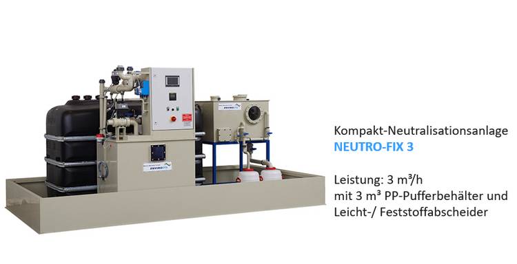 Kompakt-Neutralisierungsanlage für Abwasser NEUTRO-FIX 3. Stundenleistung: 3 m³/h, mit 3m³ PP-Pufferbehälter, Sicherheitswanne und Leicht-/Feststoffabscheider.